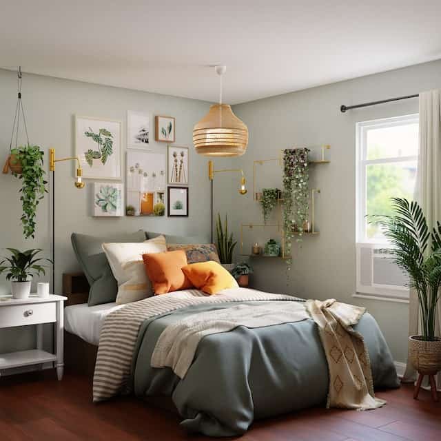 bed, side tables and plants in a bedroom